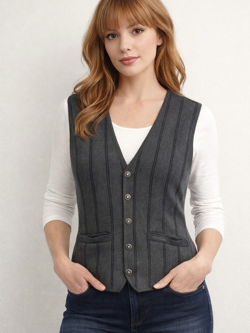 Vintage Maestro Gray Knit Sweater Vest Button Front Academia Minimalist Grandpa